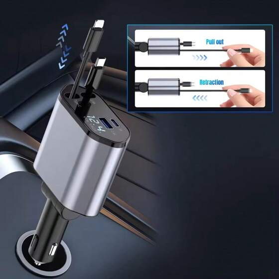 Incarcator Auto Rapid Retractabil 4 in 1 Afisaj Digital Tensiune Design cu Doua Cabluri Retractabile Type C si Doua Porturi Iesire USB