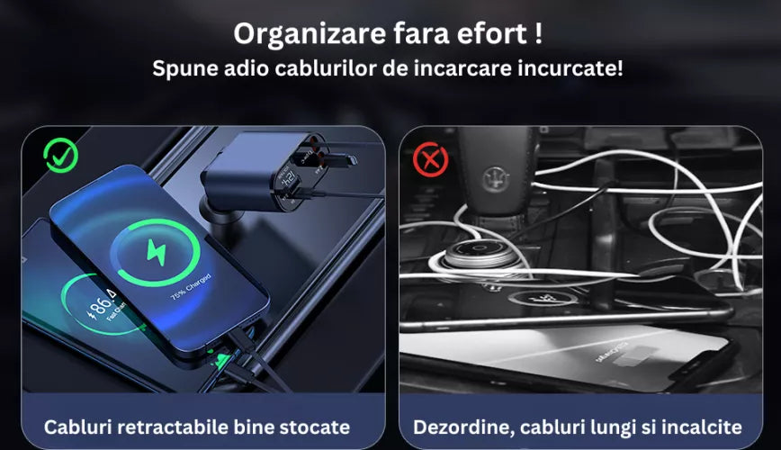 Incarcator Auto Rapid Retractabil 4 in 1 Afisaj Digital Tensiune Design cu Doua Cabluri Retractabile Type C si Doua Porturi Iesire USB