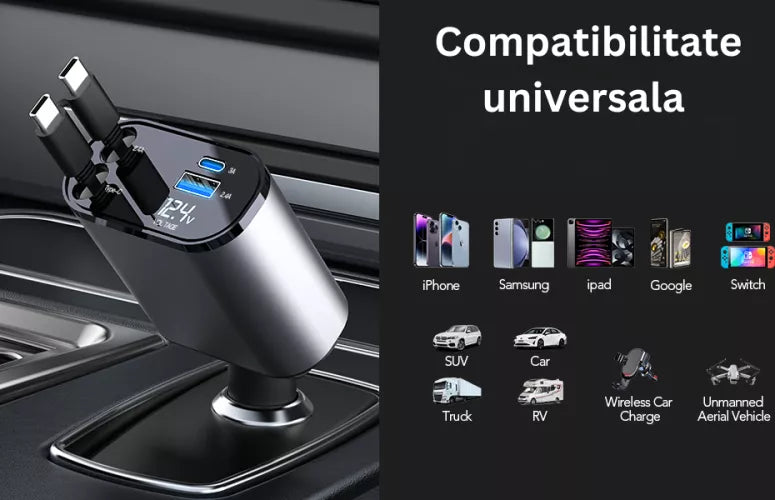 Incarcator Auto Rapid Retractabil 4 in 1 Afisaj Digital Tensiune Design cu Doua Cabluri Retractabile Type C si Doua Porturi Iesire USB
