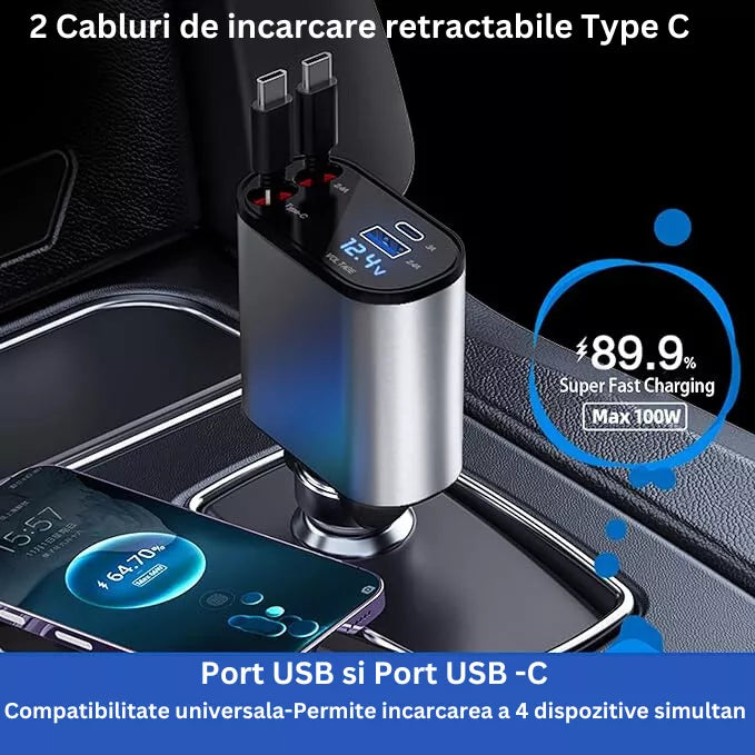Incarcator Auto Rapid Retractabil 4 in 1 Afisaj Digital Tensiune Design cu Doua Cabluri Retractabile Type C si Doua Porturi Iesire USB