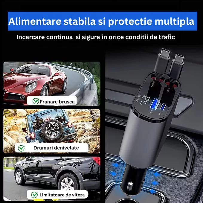 Incarcator Auto Rapid Retractabil 4 in 1 Afisaj Digital Tensiune Design cu Doua Cabluri Retractabile Type C si Doua Porturi Iesire USB